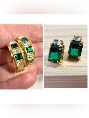 💚Faux Emerald Gold Tone Earrings - 2 Pairs